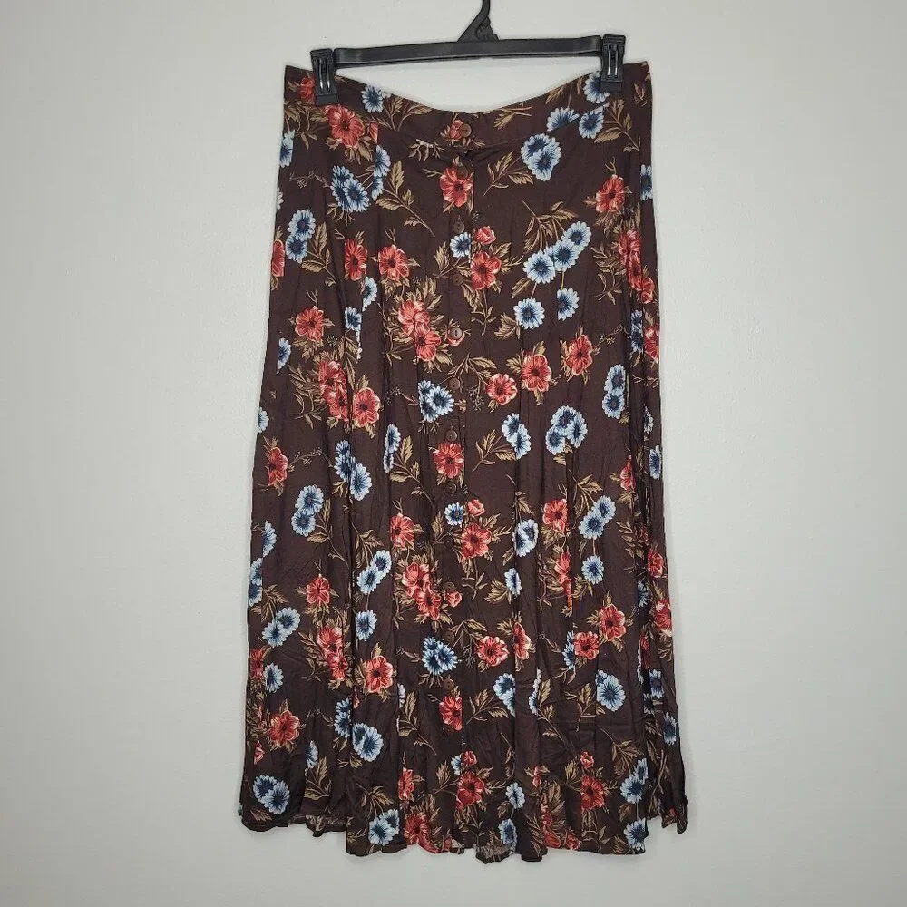 Vintage y2k Honor brown blue button front floral a line full maxi midi skirt 22w